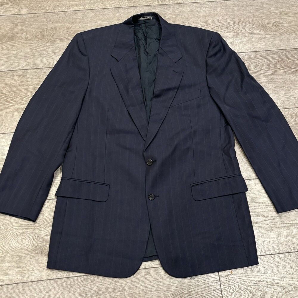 Valentino Uomo Virgin Wool Blazer Jacket Italy Navy Blue Pinstripe Mens 42L Suit